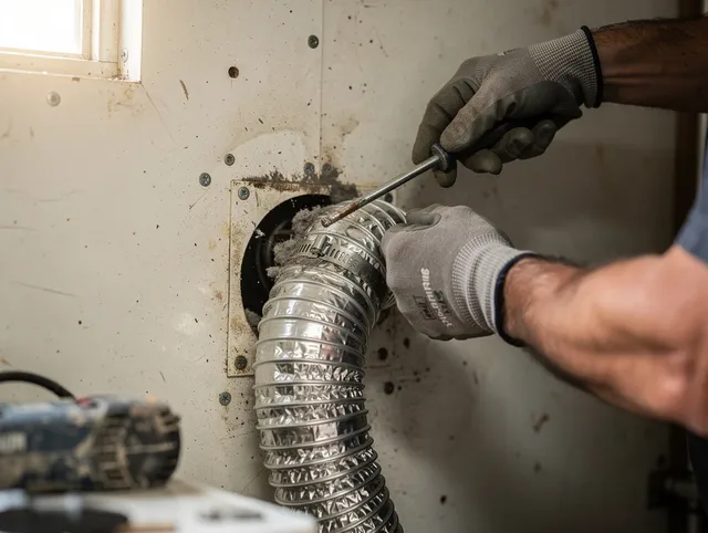 Redondo Beach Dryer Vent Cleaning technician performing precise dryer vent hose installation in Redondo Beach